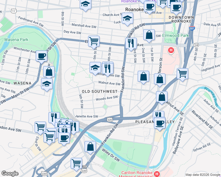 map of restaurants, bars, coffee shops, grocery stores, and more near 373 Allison Avenue Southwest in Roanoke