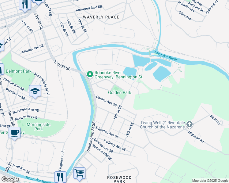 map of restaurants, bars, coffee shops, grocery stores, and more near 1566 Carlisle Avenue Southeast in Roanoke