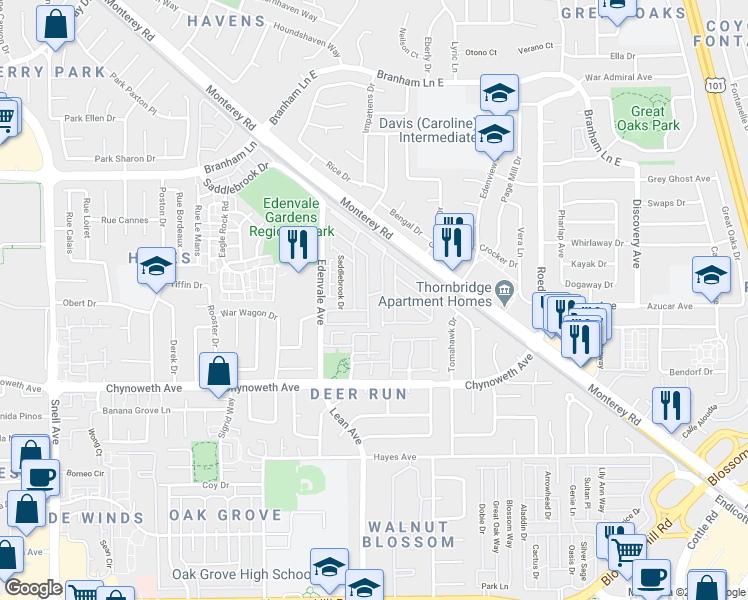 map of restaurants, bars, coffee shops, grocery stores, and more near 510 Saddlebrook Drive in San Jose