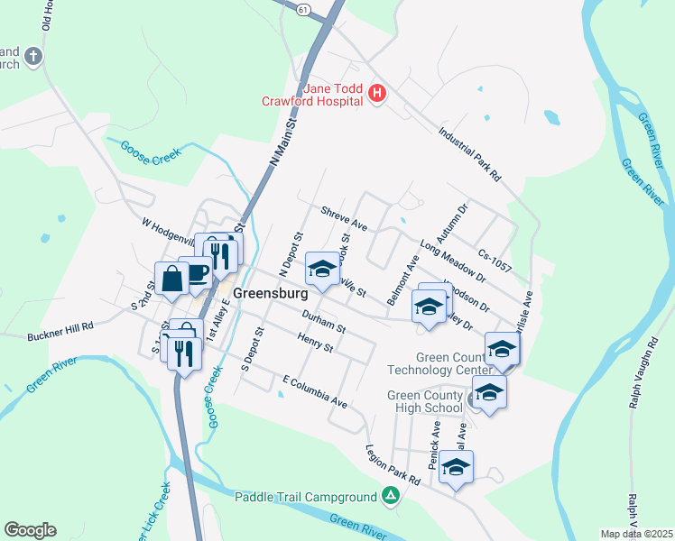 map of restaurants, bars, coffee shops, grocery stores, and more near 400 Scottsville Street in Greensburg