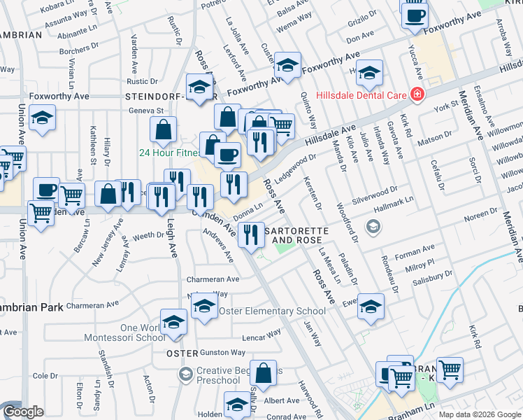 map of restaurants, bars, coffee shops, grocery stores, and more near 1800 Donna Lane in San Jose