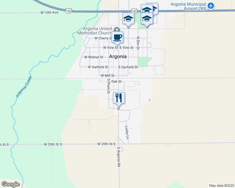 map of restaurants, bars, coffee shops, grocery stores, and more near 401-425 South Main Street in Argonia