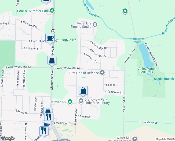 map of restaurants, bars, coffee shops, grocery stores, and more near 1854 East Valley Water Mill Road in Springfield