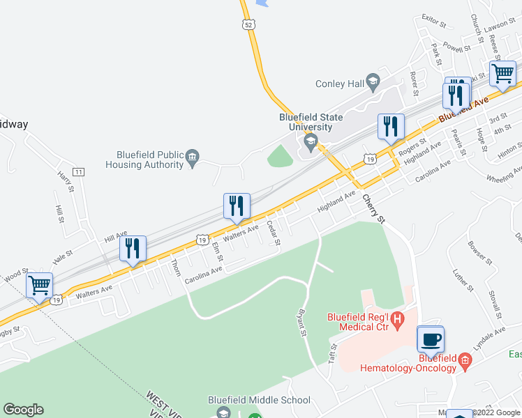 map of restaurants, bars, coffee shops, grocery stores, and more near 1642 Bluefield Avenue in Bluefield