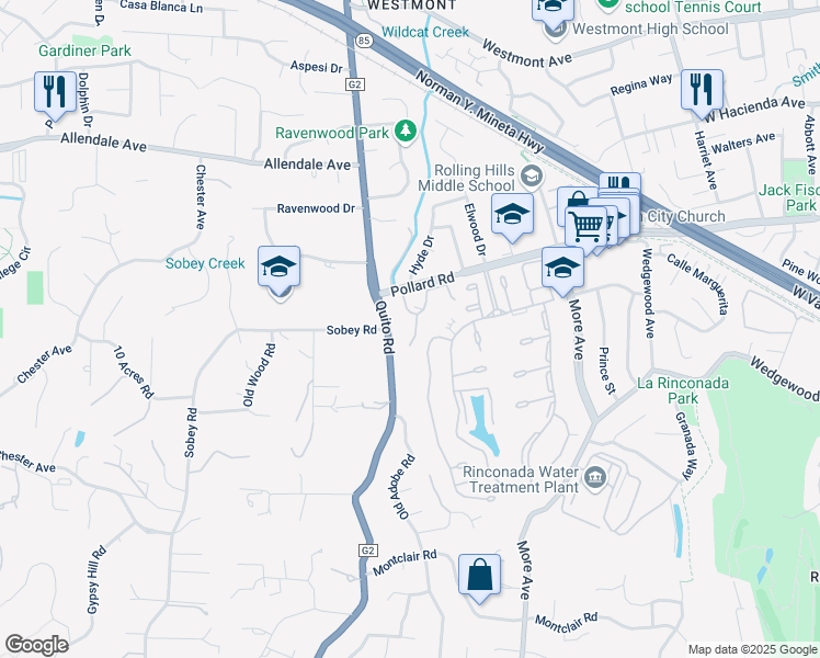 map of restaurants, bars, coffee shops, grocery stores, and more near 109 Rio Vista in Los Gatos
