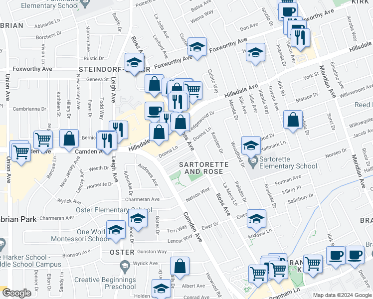 map of restaurants, bars, coffee shops, grocery stores, and more near 1788 Bradford Way in San Jose