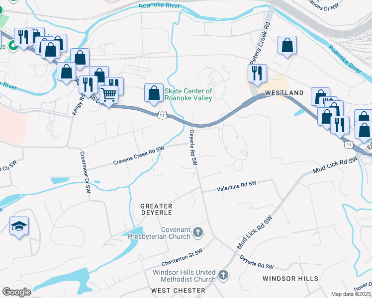 map of restaurants, bars, coffee shops, grocery stores, and more near 3614 Cravens Creek Road Southwest in Roanoke