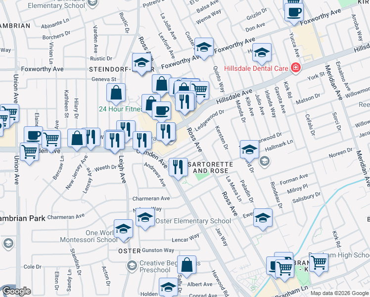 map of restaurants, bars, coffee shops, grocery stores, and more near 1800 Donna Lane in San Jose