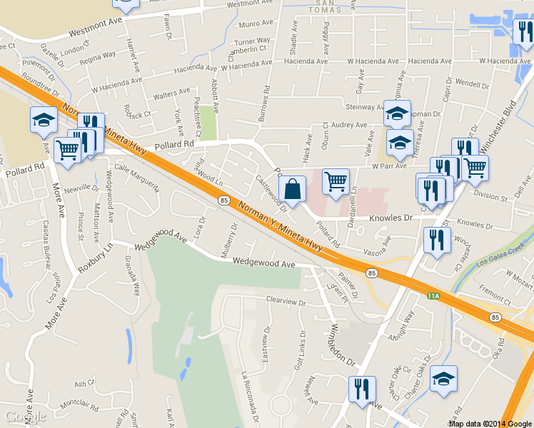 map of restaurants, bars, coffee shops, grocery stores, and more near 900 Teakwood Court in Los Gatos