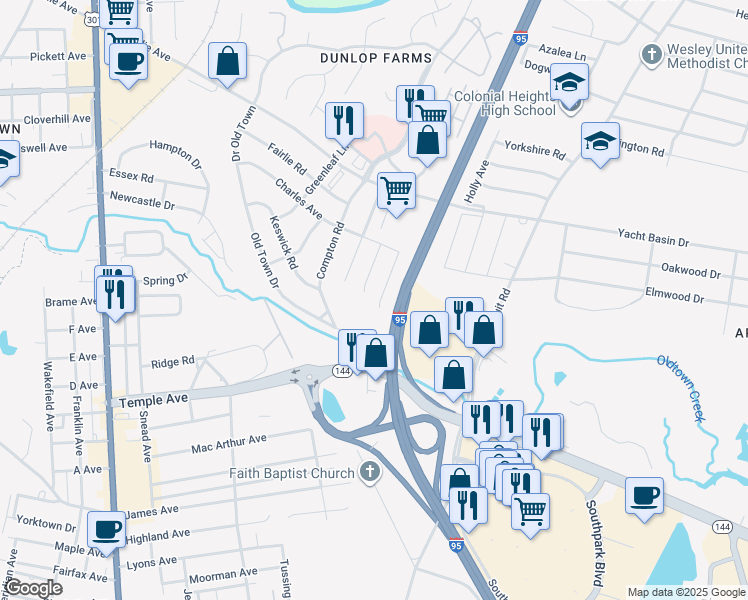 map of restaurants, bars, coffee shops, grocery stores, and more near 2512 Pin Oak Court in Colonial Heights