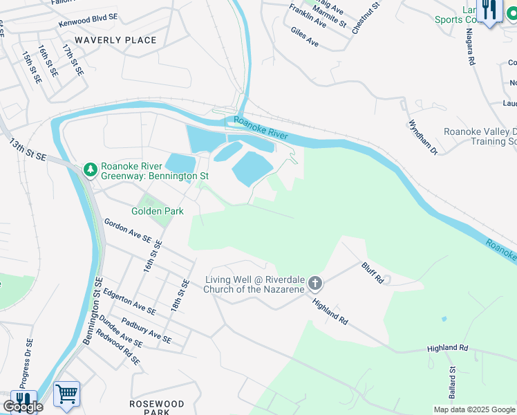 map of restaurants, bars, coffee shops, grocery stores, and more near 1700 Underhill Avenue in Roanoke