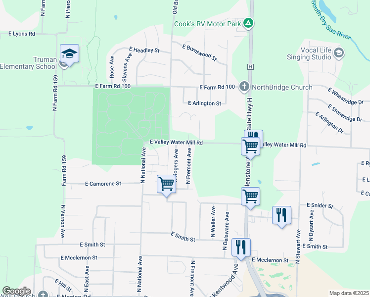 map of restaurants, bars, coffee shops, grocery stores, and more near 3537-3543 North Fremont Avenue in Springfield