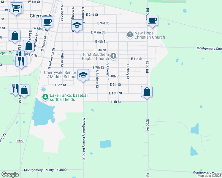 map of restaurants, bars, coffee shops, grocery stores, and more near 700-798 E 10th St in Cherryvale