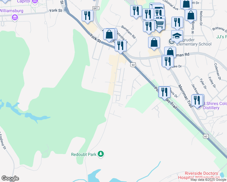 map of restaurants, bars, coffee shops, grocery stores, and more near Park Place in Williamsburg