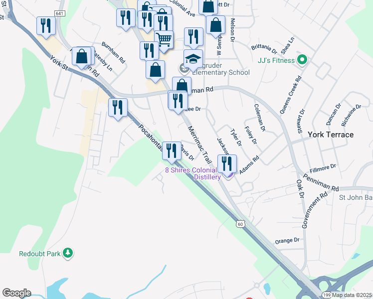 map of restaurants, bars, coffee shops, grocery stores, and more near 116 Davis Drive in Williamsburg