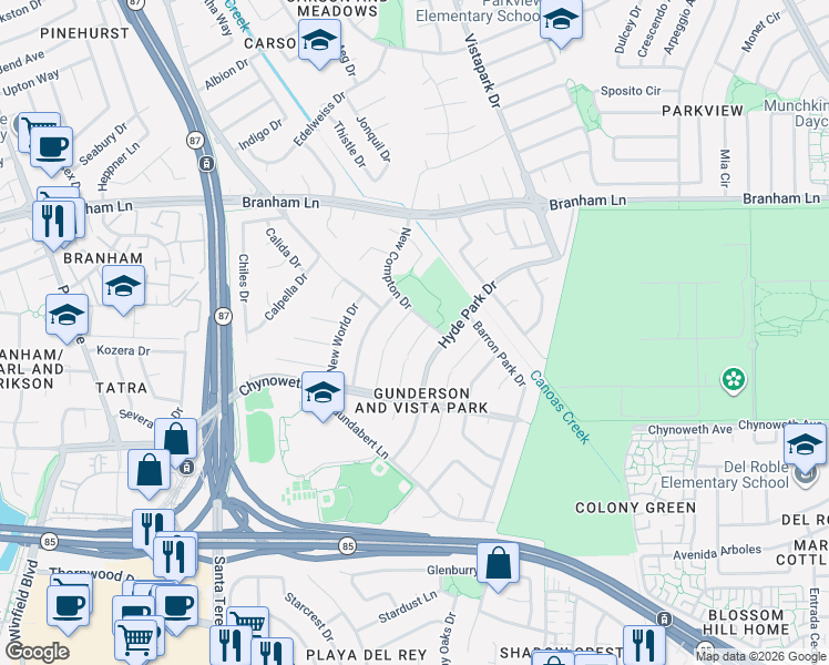 map of restaurants, bars, coffee shops, grocery stores, and more near 4944 New Compton Court in San Jose