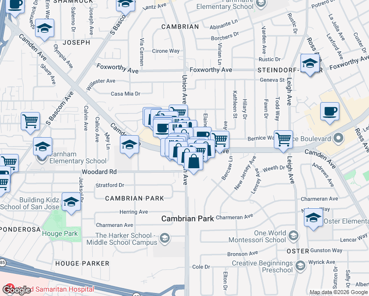 map of restaurants, bars, coffee shops, grocery stores, and more near 2020 Camden Avenue in San Jose