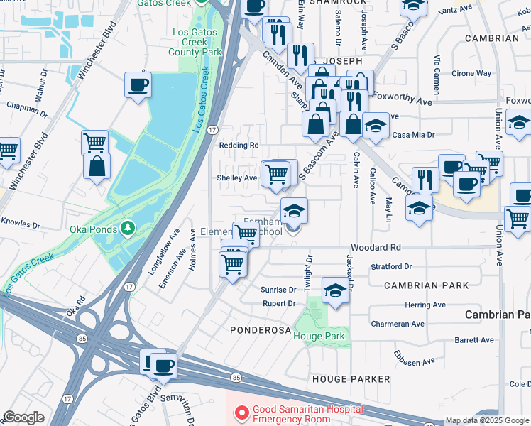 map of restaurants, bars, coffee shops, grocery stores, and more near 3645 South Bascom Avenue in Campbell