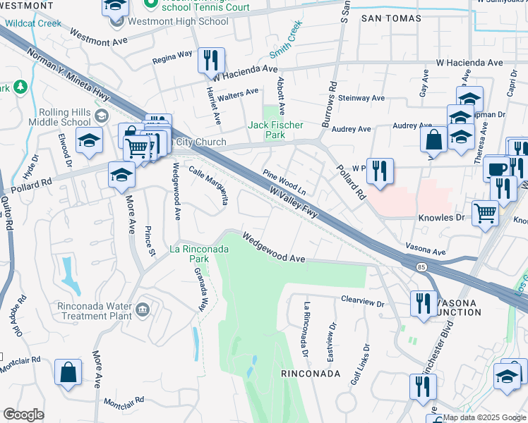 map of restaurants, bars, coffee shops, grocery stores, and more near 14225 Lora Drive in Los Gatos