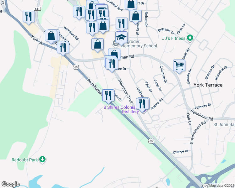 map of restaurants, bars, coffee shops, grocery stores, and more near 116 Davis Drive in Williamsburg
