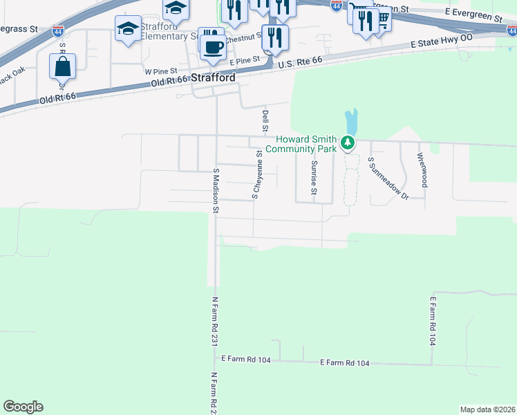 map of restaurants, bars, coffee shops, grocery stores, and more near 612 S Cheyenne St in Strafford