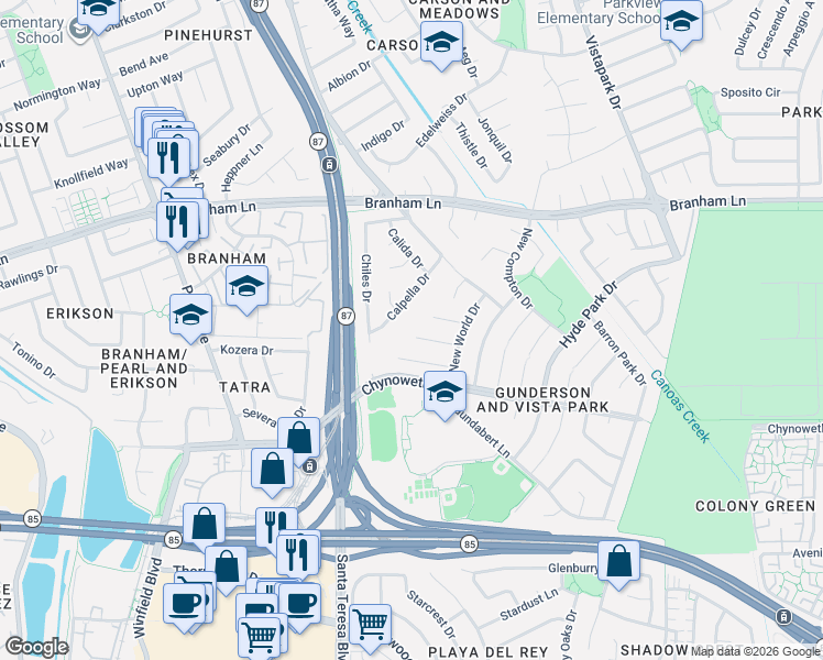 map of restaurants, bars, coffee shops, grocery stores, and more near 727 Hathaway Court in San Jose