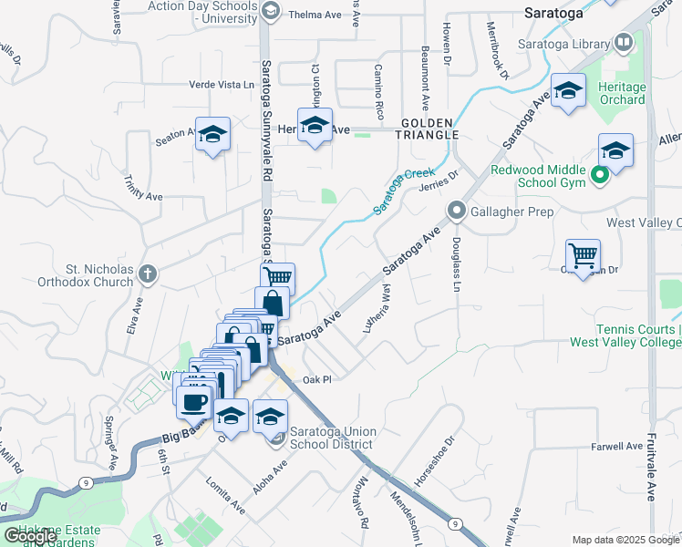 map of restaurants, bars, coffee shops, grocery stores, and more near 14253 Worden Way in Saratoga