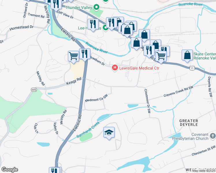 map of restaurants, bars, coffee shops, grocery stores, and more near 3718 Keagy Road in Roanoke