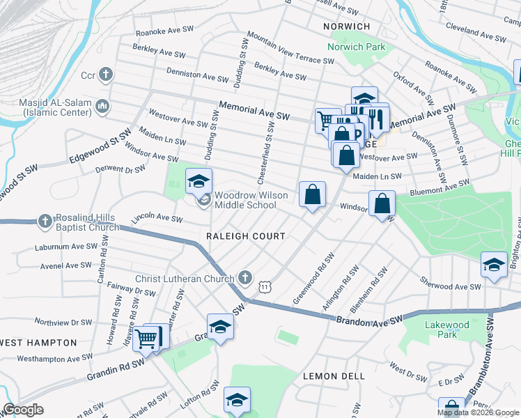 map of restaurants, bars, coffee shops, grocery stores, and more near 1807 Avon Road Southwest in Roanoke