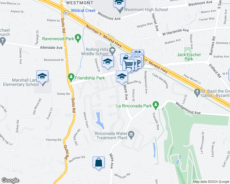 map of restaurants, bars, coffee shops, grocery stores, and more near 223 Casitas Bulevar in Los Gatos