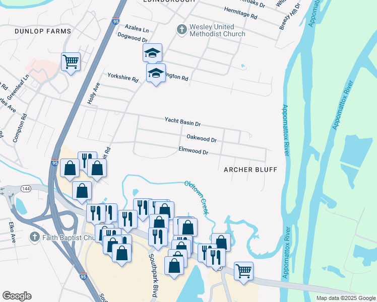 map of restaurants, bars, coffee shops, grocery stores, and more near 1205 Elmwood Drive in Colonial Heights
