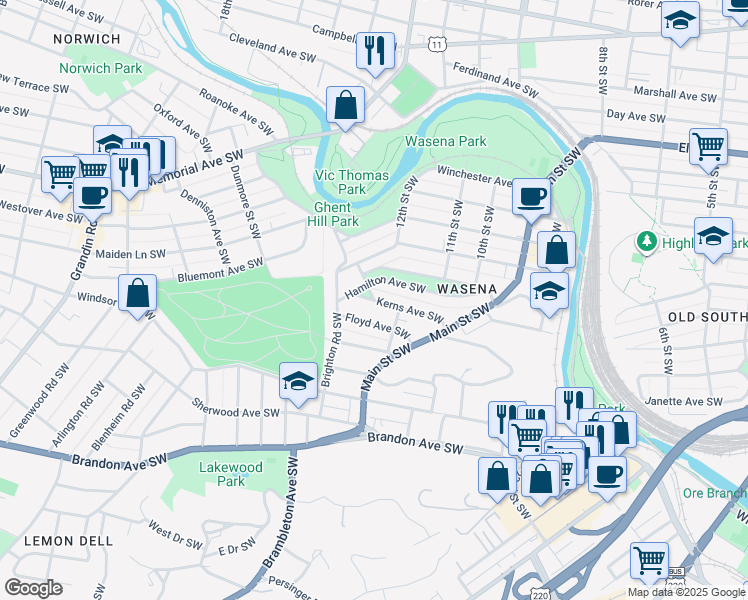 map of restaurants, bars, coffee shops, grocery stores, and more near Kerns Ave SW & Oak Park St SW in Roanoke