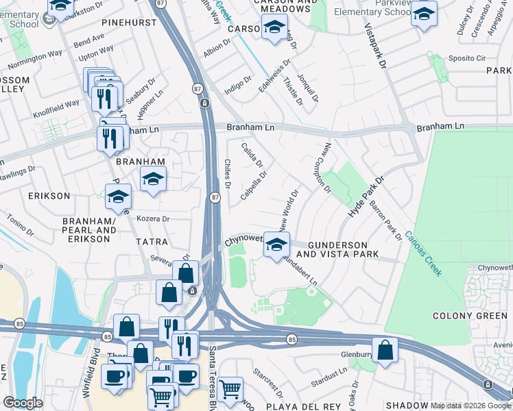 map of restaurants, bars, coffee shops, grocery stores, and more near 692 Hathaway Court in San Jose