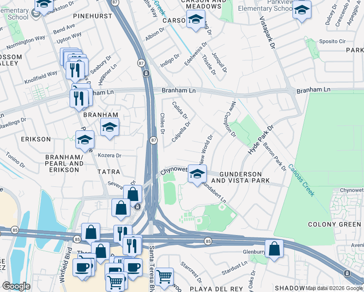 map of restaurants, bars, coffee shops, grocery stores, and more near 692 Hathaway Court in San Jose