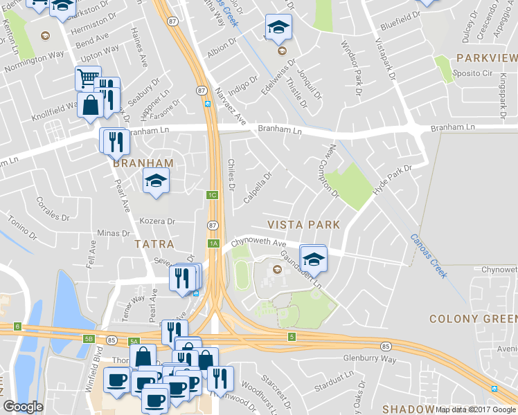map of restaurants, bars, coffee shops, grocery stores, and more near 692 Hathaway Court in San Jose
