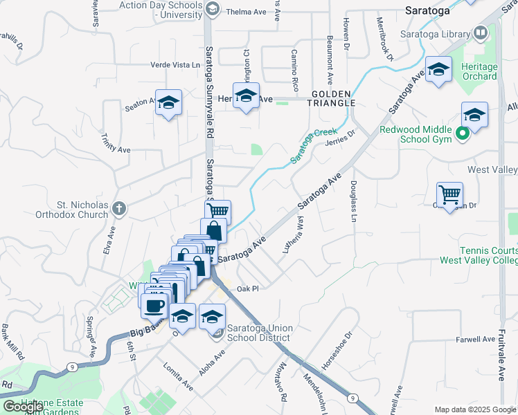 map of restaurants, bars, coffee shops, grocery stores, and more near 14230 Saratoga Sunnyvale Road in Saratoga