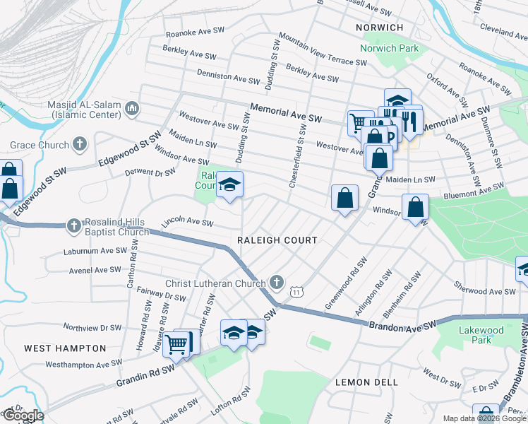map of restaurants, bars, coffee shops, grocery stores, and more near 1838 Arden Road Southwest in Roanoke