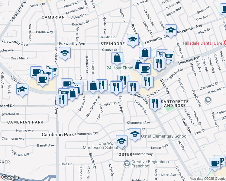map of restaurants, bars, coffee shops, grocery stores, and more near 1887 Camden Avenue in San Jose