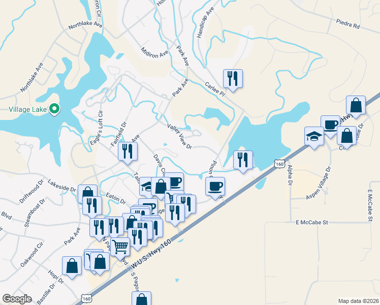 map of restaurants, bars, coffee shops, grocery stores, and more near 164 Valley View Drive in Pagosa Springs
