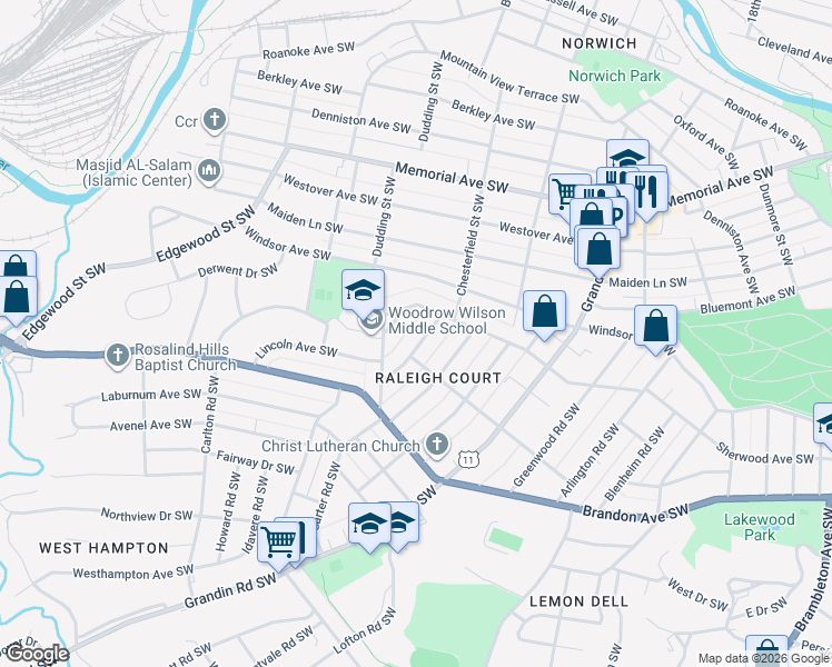 map of restaurants, bars, coffee shops, grocery stores, and more near 1838 Arden Road Southwest in Roanoke