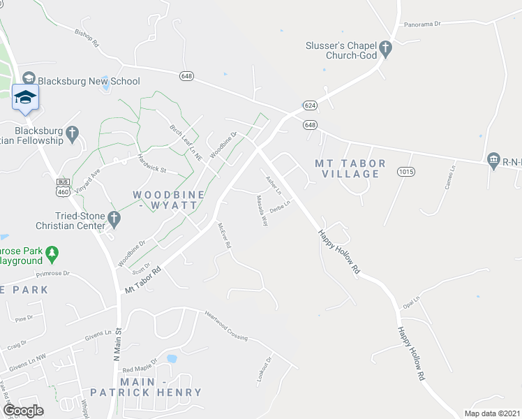 map of restaurants, bars, coffee shops, grocery stores, and more near Masada Way in Blacksburg