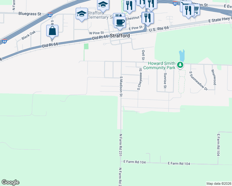 map of restaurants, bars, coffee shops, grocery stores, and more near 701-713 S Madison St in Strafford