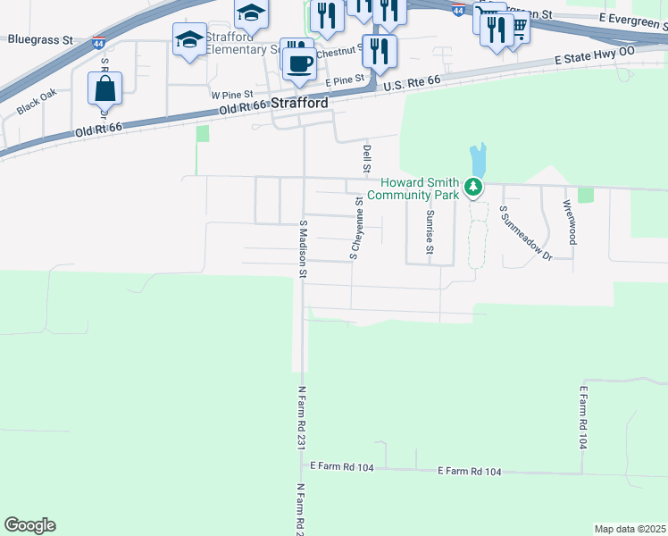 map of restaurants, bars, coffee shops, grocery stores, and more near 108 E Osage St in Strafford