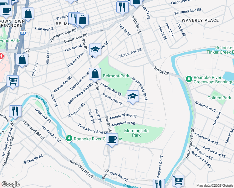map of restaurants, bars, coffee shops, grocery stores, and more near 1101 Penmar Avenue Southeast in Roanoke