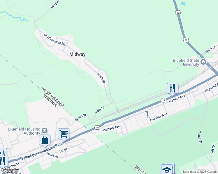 map of restaurants, bars, coffee shops, grocery stores, and more near County Route 11 in Bluefield