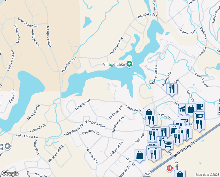 map of restaurants, bars, coffee shops, grocery stores, and more near 69-89 Capstone Circle in Pagosa Springs
