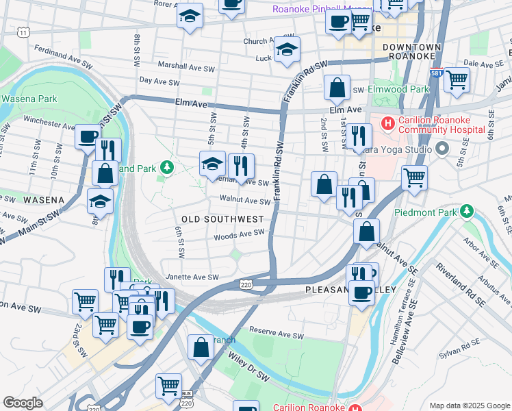 map of restaurants, bars, coffee shops, grocery stores, and more near 360 Walnut Avenue Southwest in Roanoke