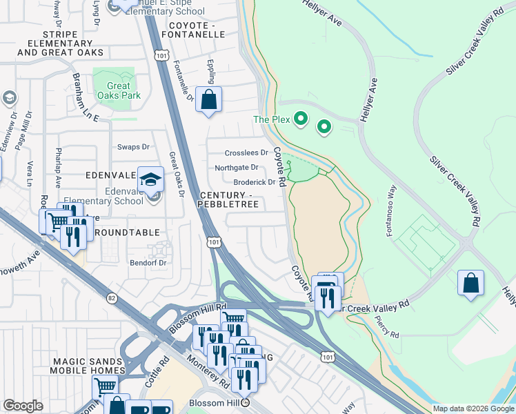 map of restaurants, bars, coffee shops, grocery stores, and more near 478 Hassinger Road in San Jose