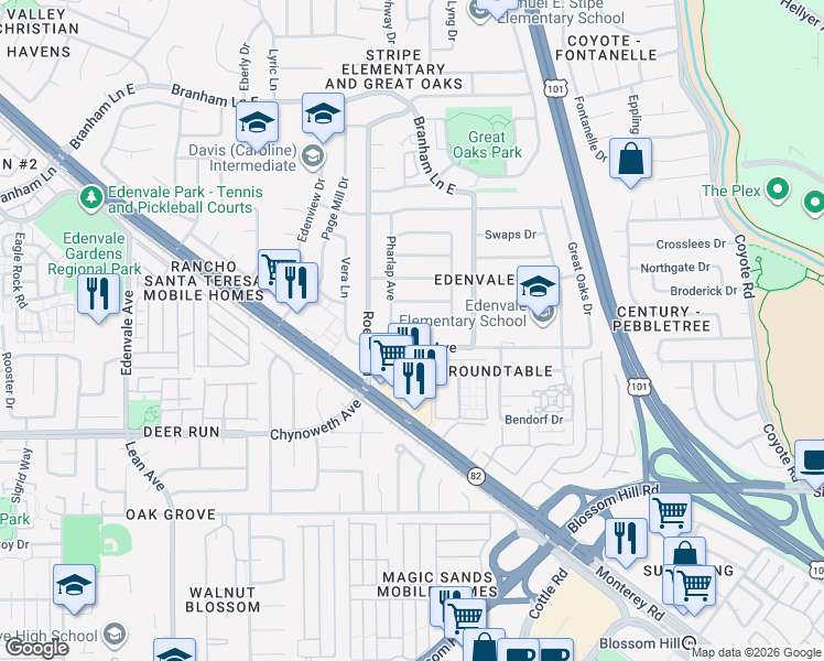 map of restaurants, bars, coffee shops, grocery stores, and more near 74 Azucar Avenue in San Jose