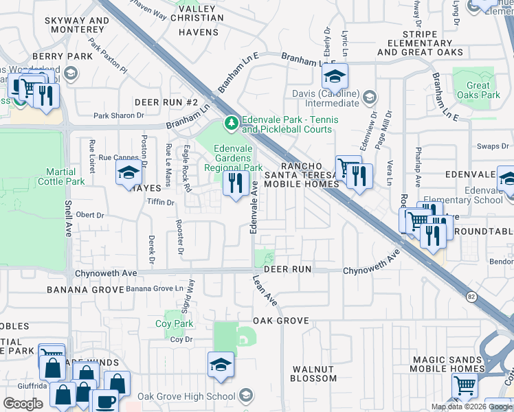 map of restaurants, bars, coffee shops, grocery stores, and more near 109 Red River Way in San Jose